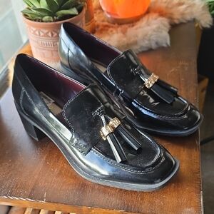 Franco Sarto Glossy Black Loafers with Gold Accent